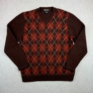 Eddie Bauer Argyle Lambswool V Neck Sweater Men M Brown Rust Knit Academia Ivy